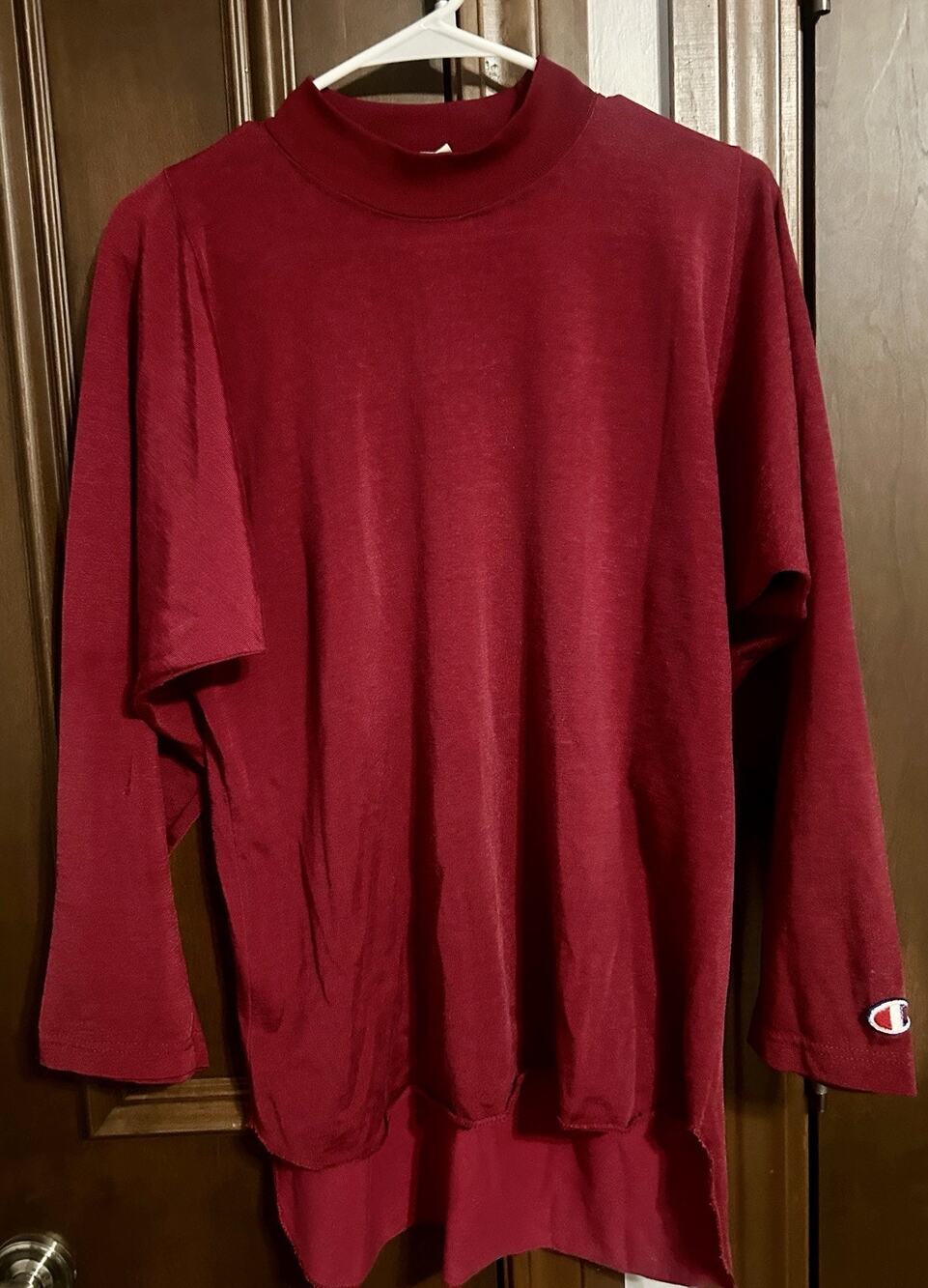 Vintage 80s Champion Mock Neck Shirt Mens L Burgundy Long Sleeve C Logo